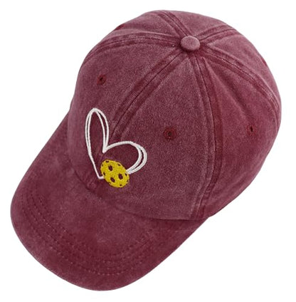 Pickleball Baseball Cap for Men Women, Funny Adjustable Embroidered Cotton Outdoor Sport Pickle Ball Heart Hat - color: Burgundy