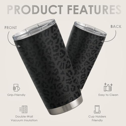 SANDJEST Leopard Print Tumbler 20oz Stainless Steel Insulated, Black Leopard Travel Coffee Cup, Bow Gifts for Women Girls Teen, Birthday Christmas - color: Black Leopard