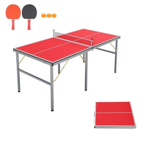 Portable Foldable Ping Pong Table, 3x6 ft Mid-Size Table Tennis Game Set with Net, 2 Paddles & 3 Balls, Indoor Outdoor for Adults Teens, Quick Assembly, Black - color: Red-1