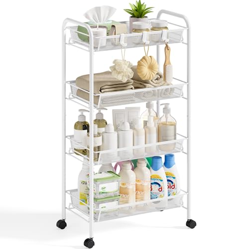 SYKIARIOL 4-Tier Metal Utility Cart, Mesh Wire Rolling Cart on Wheel, Storage Trolley with Easy Assembly, Organizer Craft Cart 3 Hooks, Mobile Shelving Unit for Bathroom, Laundry Room, Home - color: White, size: 4-Tier