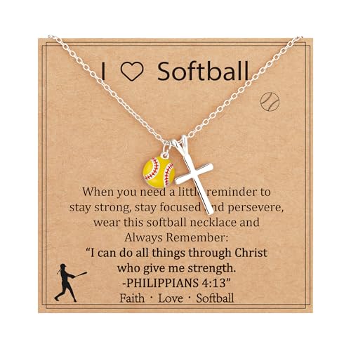 Gnamy Softball/Volleyball/Basketball/Soccer Necklace for Teen Girls Women, Gold/Silver Cross Pendant Sport Accessories Christian Religious Jewelry Gifts for Teens Kids Lovers - color: Silver, style: Softball