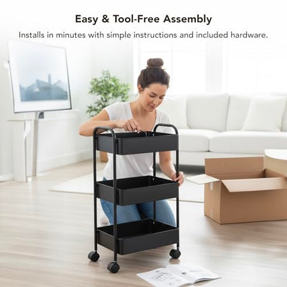Displays By Jack 3-Tier Rolling Storage Cart, Metal Utility Organizer on Wheels – Deep Mesh Baskets for Kitchen, Pantry, Laundry, Bathroom, Home