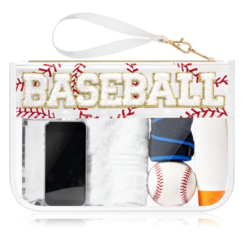 BuyCard Baseball Gifts Makeup Bag with Chenille Letter Patch, Clear Cosmetic Pouch PVC Organizer Purse, Waterproof Travel Bag, Portable Toiletry Storage Bag for Her Friends - color: White-Baseball