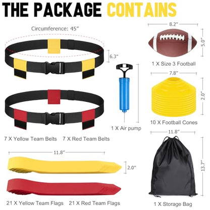 BORNEW Flag Football Set - 14/20 Player Adjustable Belts with Cones, Football, Pump, Bag, for Youth and Adults Training - color: 1.red Yellow With Black Pump, style: 14 Player Kit