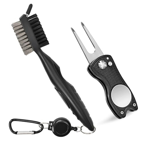 Mile High Life Golf Club Brush, Club Groove Cleaner with 2 Ft Retractable Extension Cord and Aluminum Carabiner, Golf Bag Accessories for Men and Women - color: 2 Pack (Black Brush & Divot Tool)