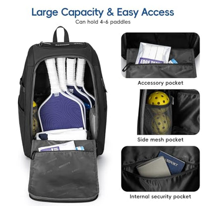 KAVIGOR Pickleball Bag, Large Pickleball Backpack Holds 4 to 6 Paddles, Shoes Compartment & Wet/Dry Pocket (9 Pockets), Charge Port - color: Black