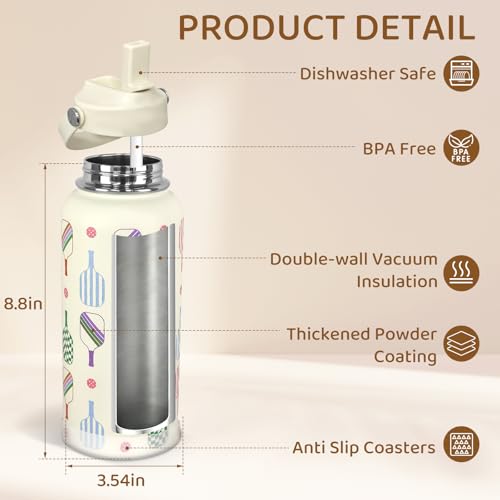 32oz Pickleball Insulated Water Bottle with Lid,Stainless Steel Water Bottl with Flip Straw and Handle,Gifts for Pickleball Players, Pickleball Lovers,Women Girls,Leak Proof Water Bottle - color: Pickleball, size: 32 Ounces