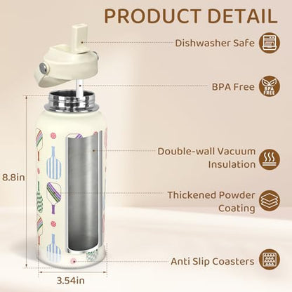 32oz Pickleball Insulated Water Bottle with Lid,Stainless Steel Water Bottl with Flip Straw and Handle,Gifts for Pickleball Players, Pickleball Lovers,Women Girls,Leak Proof Water Bottle - color: Pickleball, size: 32 Ounces