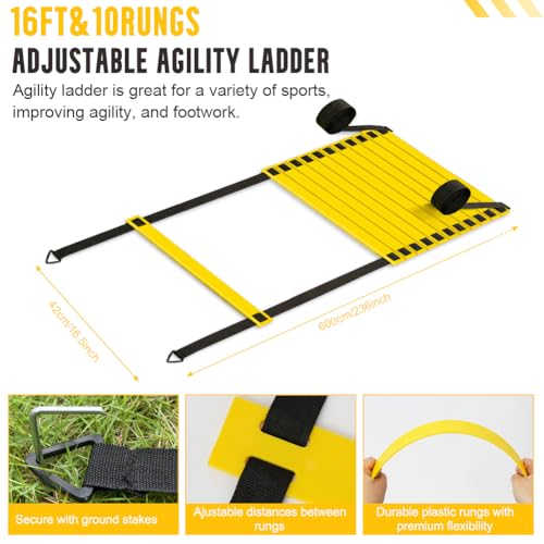Agility Training Set: 3 Adjustable Speed Hurdles, 6 Agility Poles, 1 Agility Ladder, 12 Soccer Cones & Jump Rope, Multi-Function Soccer Training Equipment for Athletes, Amateurs, Youth