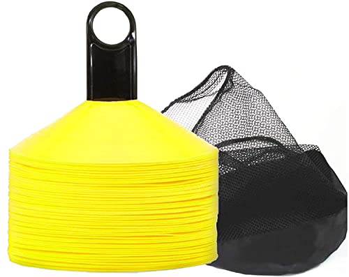 Biggz Pro Disc Cones (50 PCS) Disc Cone Agility Training Sports Cone Plastic with Carry Bag & Holder for Training, Football, Soccer, Kids, Sports, Field Cone Markers - color: Yellow