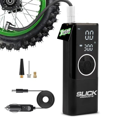 Slick Products Portable Digital Air Pump Tire Inflator – Cordless Rechargeable 150 PSI Pump with LED Flashlight, Power Bank, Presta Valve Adapter, Ball Needle, Power Cord and USB Cable
