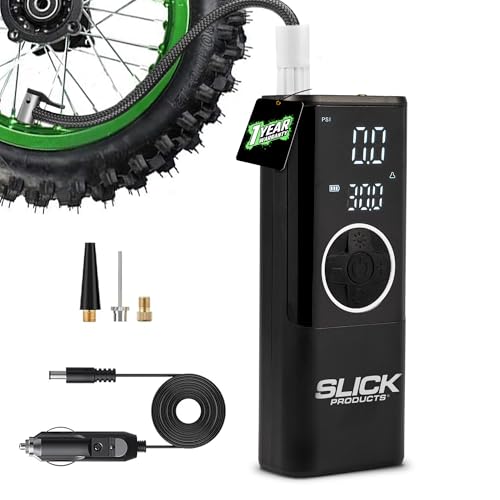 Slick Products Portable Digital Air Pump Tire Inflator – Cordless Rechargeable 150 PSI Pump with LED Flashlight, Power Bank, Presta Valve Adapter, Ball Needle, Power Cord and USB Cable