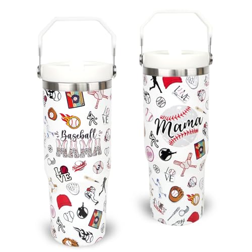 30 oz Tumbler with Handle Flip Straw Leak Proof - Baseball Mom Cup 30oz Tumbler Travel Coffee Mug with Handle - Birthday Gifts for Women Baseball Mom Mama Mothers Day 30 Ounce Stainless Steel Cup - color: Baseball Mom