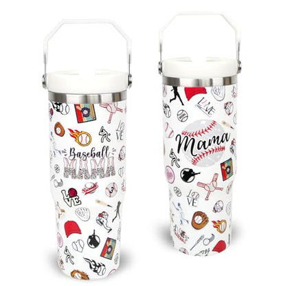 30 oz Tumbler with Handle Flip Straw Leak Proof - Baseball Mom Cup 30oz Tumbler Travel Coffee Mug with Handle - Birthday Gifts for Women Baseball Mom Mama Mothers Day 30 Ounce Stainless Steel Cup - color: Baseball Mom