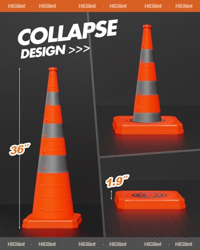 HiGiant [4 Pack] Collapsible Traffic Safety Cones 36 Inch, Orange Pop-up Cones with Reflective Collar, Caution Cones for Road Driving Practice and Parking lot - size: 36inch