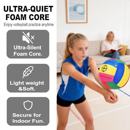KUYOTQ Soft Silent Indoor Volleyball - Rainbow No-Deflate Durable Foam Indoor Volleyball Soft on Arms, Safe for Home Training Practice Games Foam Silent Volley Ball (Size 5)