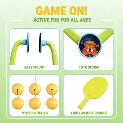 Fun Cartoon Hanging Table Tennis Trainer Kit, Doorway Table Tennis Set, 2 Paddles, 6 Balls, Adjustable Height, Coordination Training for Indoor Activity