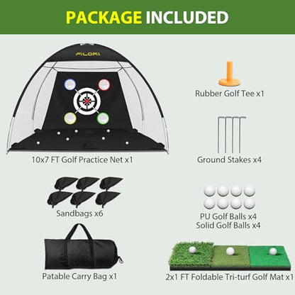 FILORI Golf Practice Net 10x7FT - Golf Hitting Net with Tri-Turf Mat, 8 Balls, Tee & Carry Bag, Indoor/Outdoor Backyard Training for Driving Chipping Swing, Ideal Gifts for Men Dad Husband Golfer