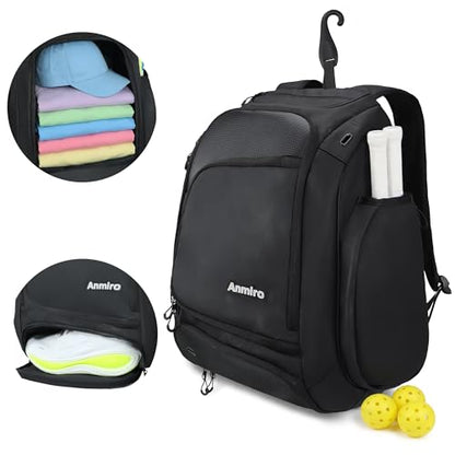 Pickleball Bag-50L Large Capacity, Padel Backpack with Shoe Compartment ＆ Retractable Cup Pockets, Fits 4-10 Paddles, Versatile, Black
