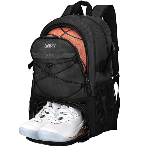 DAFISKY Basketball Backpack, Basketball Bag with Ball Holder Shoes Compartment, Sports Equipment Bag for Soccer Ball, Volleyball - color: Black