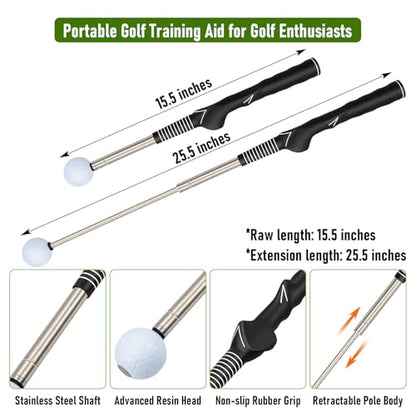 Retractable Golf Swing Training Aid - Portable Grip Trainer with Click Feedback for Right Handed Golfers, Portable Swing Tempo Trainer with Arm Band for Indoor & Outdoor Practice