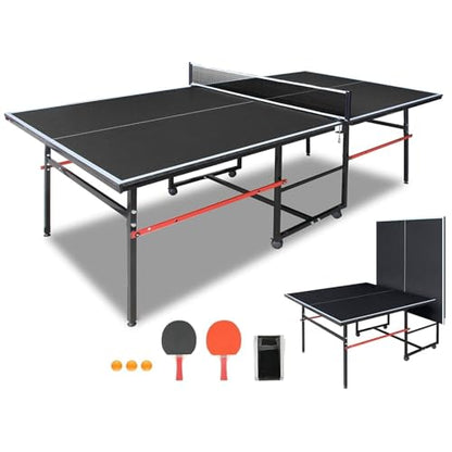 Professional Table Tennis Table, Foldable Ping Pong Game Set for Indoor, 8FT 9FT Single Player Playback Mode Ping Pong Table with Net and Post Set, 2 Paddles and 3 Balls (Black-8x4ft)