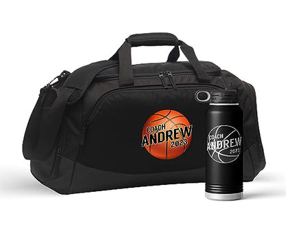 Personalized Basketball Duffel Bag Set Engraved Water Bottle | Coach Design Name Number Player Boys Girls Birthday Christmas - color: Black/Black, size: Bag Only, style: Coach