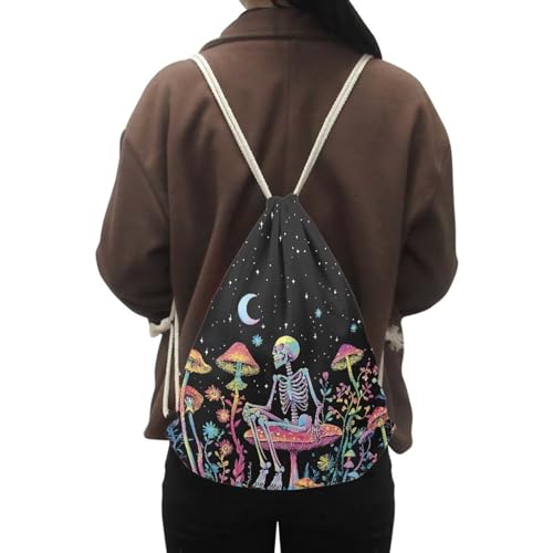Mumeson Skeleton Mushroom Moon Star Drawstring Backpack Cool Travel Bag Sports Athletic Gym Sack for Women Men Girls Boys - color: Skeleton Mushroom Moon Star