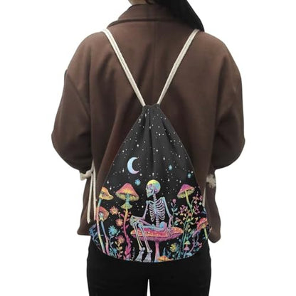 Mumeson Skeleton Mushroom Moon Star Drawstring Backpack Cool Travel Bag Sports Athletic Gym Sack for Women Men Girls Boys - color: Skeleton Mushroom Moon Star