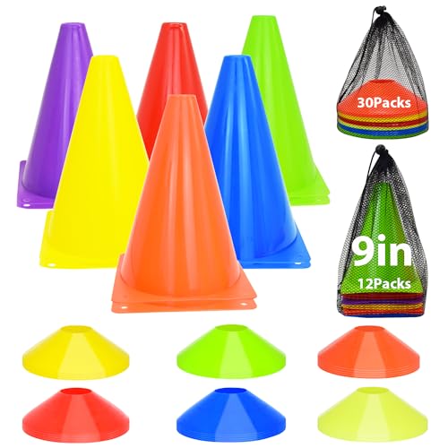 Soccer Cones Set, 84/42Pcs 7"/9" Cones Sports + Disc Cones, Cones for Sports with Carry Bag, Training Cones, Soccer Cones for Training, Plastic Soccer Cones for Drills - color: 9" traffic corn, Multicolor-A