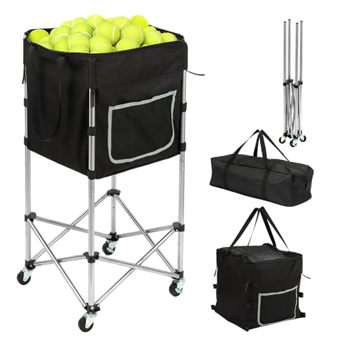 Tennis Ball Cart with Wheels & Brake (180 Capacity) – Heavy Duty Stainless Steel Frame with Detachable Washable Bag – Foldable Travel Hopper for Tennis & Pickleball, Portable Carrier