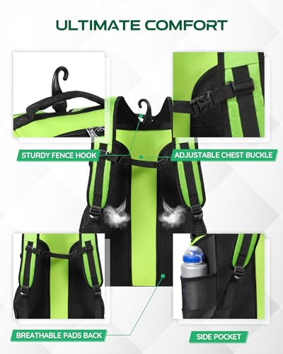 Large Baseball Backpack for Adult Youth 42L Softball Bat Bag with Detachable Adjustable Helmet Mesh Pocket Fit Basketball Soccer Volleyball Baseball Equipment Bag for Men Women 12+ Boys Girls - color: Green