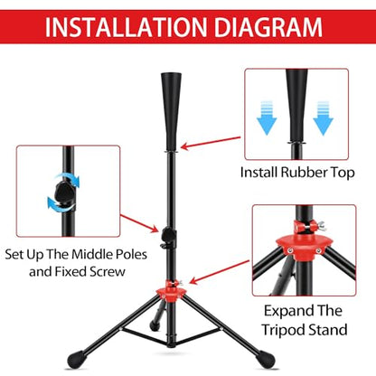 FDLS Baseball Batting tee for Adults and Youth Teens, Portable Tripod Stand Base Tee Easy Adjustable Height 26 to 39 inches for Hitting Training Practice, with 2 Rubber Tops & Carrying Bag