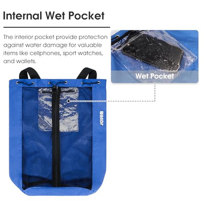 WANDF Swim Bag Mesh Drawstring Backpack Beach Backpack for Swimming, Gym, and Workout Gear - color: Navy Blue With Wet Pocket