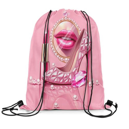 Castle Fairy Pink High Heel Drawstring Backpack,Rose Lipstick Waterproof Sports Gym Bag,Glitter Diamond and Pearl Large Capacity for Travelling,Swimming,Beach,Pink - color: Pink