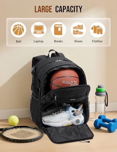 Basketball Backpack with Shoe Compartment Large Basketball Bag with Ball Holder for Men Women Gym Backpack fit Volleyball Football for Sports Travel Gym - Black - color: Black