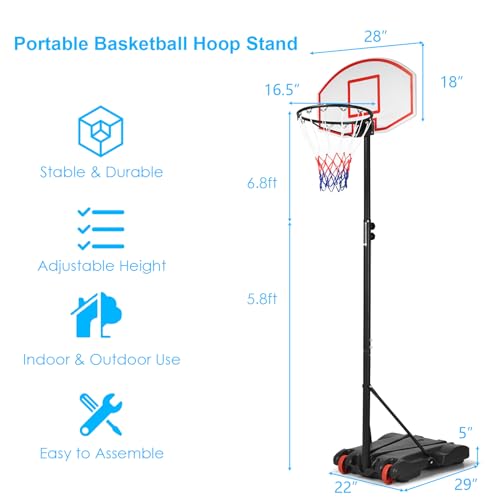 GYMAX Basketball Hoop, 7.1-8.1FT Adjustable Basketball System w/Shatterproof Backboard, Fillable Base, 2 Wheels & Nets, All Weather Portable Basketball Goal for Kids Teens Adults, Indoor Outdoor Gym