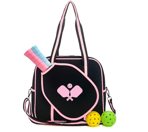 Pickleball Sports Tote Bag with Racket Holder, Neoprene, Adjustable Shoulder Strap - color: Black/Pink