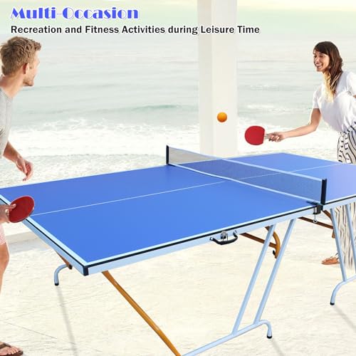 9ft Mid-Size Foldable Table Tennis Table Set - Portable Ping Pong Table for Indoor & Outdoor Games with Net, 2 Paddles, and 3 Balls