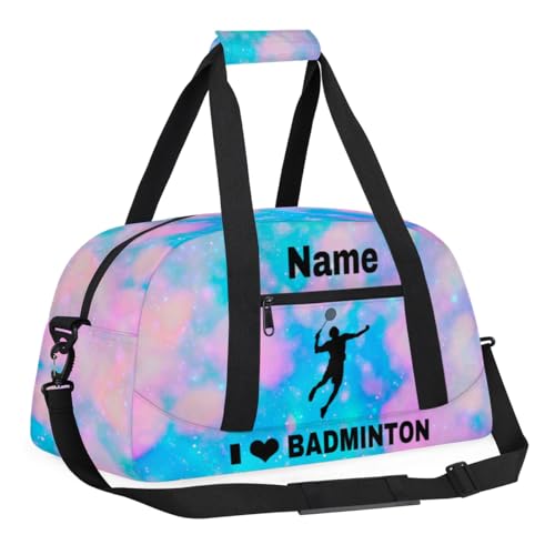 Custom Sport Duffel Bag Badminton Personalized Name Sports Bag Overnight Weekender Bag Waterproof Travel Sport Gym Bags, Blue Pink Glitter - color: Blue Pink, style: Badminton