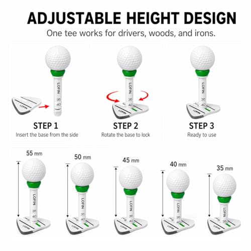 LOFIN Adjustable Height Golf Tees (4-Pack, 35–55mm) – Reusable Plastic Golf Training Tees for Consistent Distance, Durable Practice Tees for Drivers & Woods