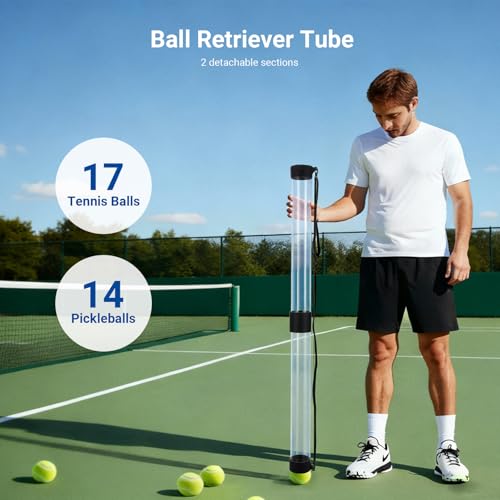 NEEWER Ball Retriever Tube Hopper for Tennis Balls & Pickleballs, Detachable Section No Bending Pickup Picker Upper Collector with Stopper & Shoulder Strap