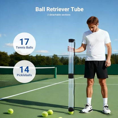 NEEWER Ball Retriever Tube Hopper for Tennis Balls & Pickleballs, Detachable Section No Bending Pickup Picker Upper Collector with Stopper & Shoulder Strap