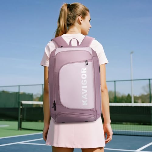 KAVIGOR Pickleball Bag, Large Pickleball Backpack Holds 4 to 6 Paddles, Shoes Compartment & Wet/Dry Pocket (9 Pockets), Charge Port - color: Berry Pink