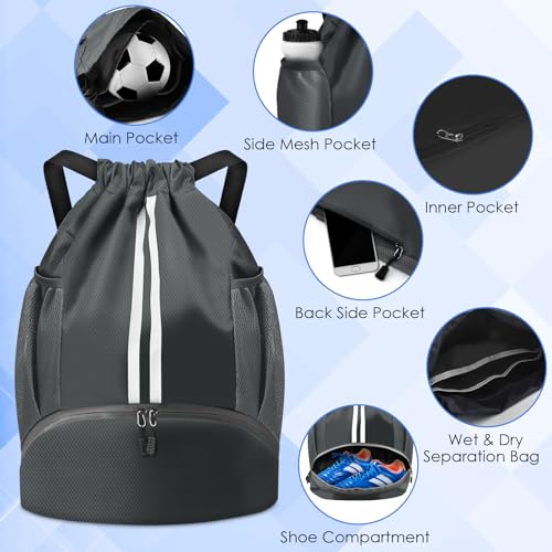 BROTOU Soccer Bags, Football Backpack, Volleyball Bag, Drawstring Backpack with Ball and Shoe Compartment, Football bags for Equipment Swim Gym Bag - color: Dark Gray