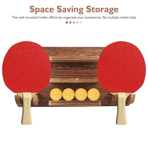 Ping Pong Paddle Holder: Wall-Mounted Table Tennis Rack - Storage Shelf for 12 Balls and 6 Paddles - Wooden Organizer for Game Room, Office Room