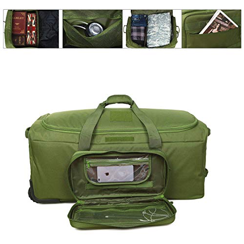 Heavy-Duty X-Large Military Tactical Wheeled Rolling Duffel Trolley Bag For Deployment Traveling Camping Sporting - color: Green