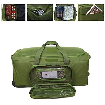 Heavy-Duty X-Large Military Tactical Wheeled Rolling Duffel Trolley Bag For Deployment Traveling Camping Sporting - color: Green