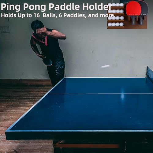 Premium Bamboo Ping Pong Paddle Holder (Rack Only) - Wall Mounted 6-Paddle & 16-Ball Display Stand - Table Tennis Organizer for Home & Office - Paddles and Balls NOT Included