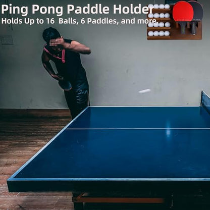 Premium Bamboo Ping Pong Paddle Holder (Rack Only) - Wall Mounted 6-Paddle & 16-Ball Display Stand - Table Tennis Organizer for Home & Office - Paddles and Balls NOT Included